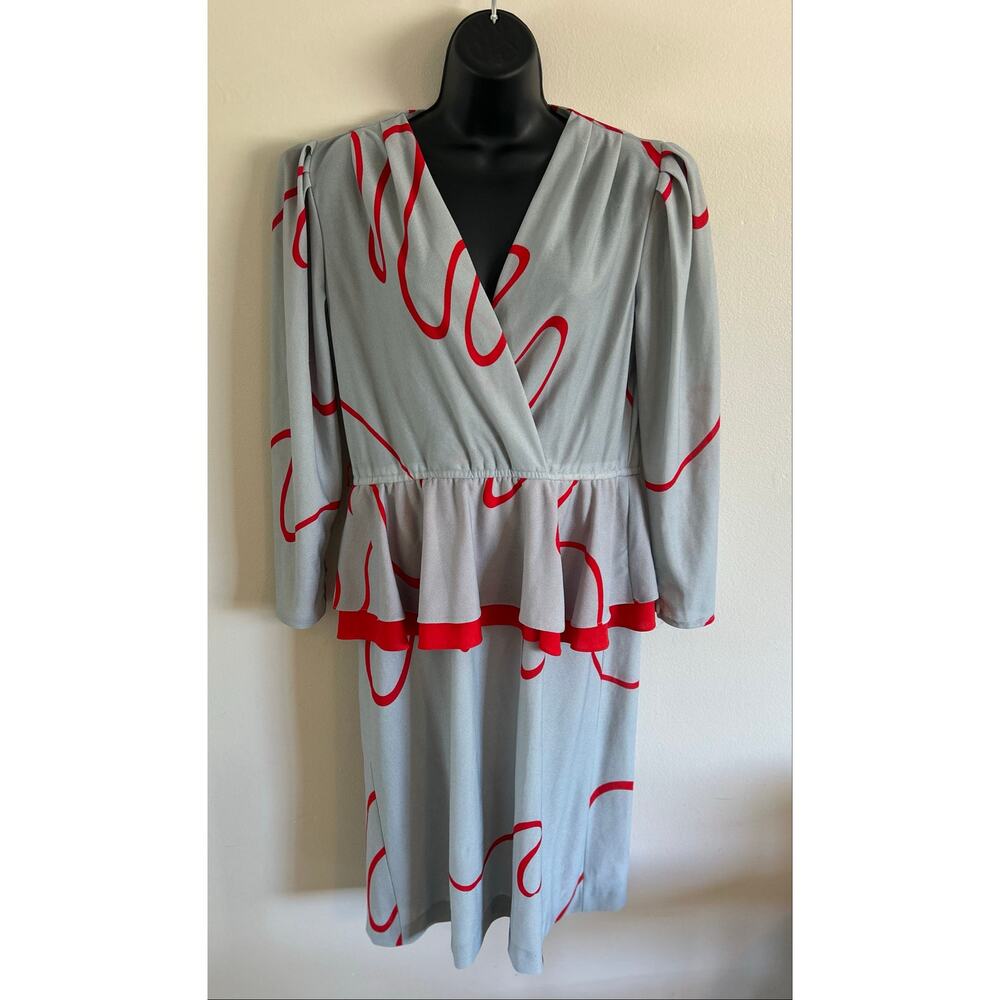 Vintage Jen-Jen Abstract Print Peplum Dress Gray Red Long Sleeve M/L